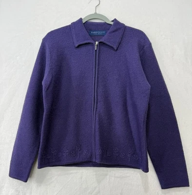 Suéter Karen Scott puro 100 % lana púrpura cremallera completa para mujer tejido floral talla M Foto 1 de 4