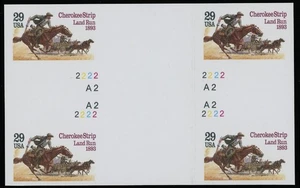 1993, USA CHEROKEE STRIP RUN, 29C IMPERF PROOF IN CROSS-GUTTER BLOCK, SC#2754P - Picture 1 of 2