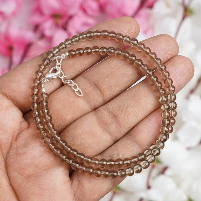 Hermoso Collar Hecho a Mano Cuarzo Ahumado Suave Redondo 4-6MM Piedras Preciosas Cuentas 18" Foto 1 de 4