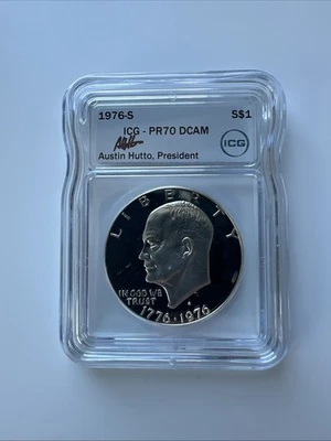 1976 S Eisenhower Dollar Silver ICG PR70 DCAM Brilliant White AUSTIN HUTTO SIGN - Image 1 of 4
