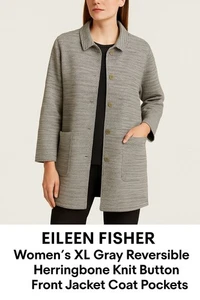 Eileen Fisher Women’s XL Gray Herringbone Knit Button Front Jacket Coat Pockets - Picture 1 of 7