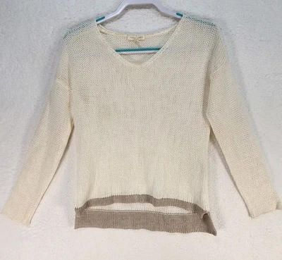 Suéter Eileen Fisher Marfil Crema Taupe Dobladillo Banda 100% Lino Cuello en V Pequeño PS  Foto 1 de 4