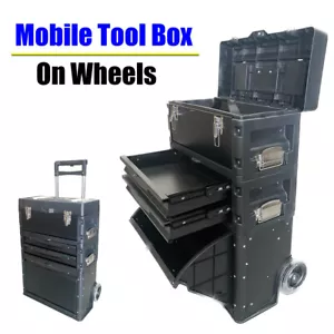 Lockable Rolling Tool Box on Wheels 3 Compartment Combination Telescopic Handle - Picture 1 of 13