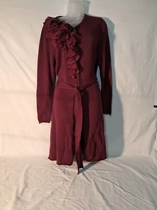 Ladies Elle Long Elegant Ruffled Belted Red Wine Cardigan Sweater Large NEW - Picture 1 of 4