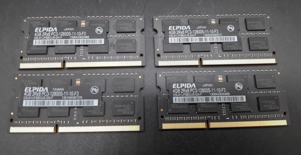 Elpida 16GB RAM Kit 4x4GB DDR3 1600mhz PC3-12800S EBJ41UF8BDU5-GN-F Apple Memory - Image 1 of 1