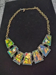 Vintage Iridescent Green Statement Necklace Metal Sliver Tone 18" - Picture 1 of 8
