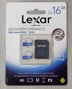 NEW Lexar 2x16GB microSDHC, 300x microSDHC UHS-1 High Performance Sealed in pkg - Picture 1 of 2