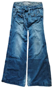 dELiAs Y2K Low Rise Wide Leg Jeans Denim Belt Juniors Sz 3/4 Flap Pockets Boho - Picture 1 of 12