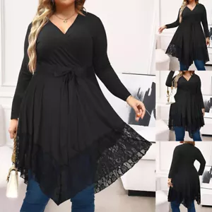 Women V Neck Long Sleeve Lace Long Tops Ladies Cocktail Party Swing Dresses - Picture 1 of 16