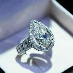 2Ct Pear Cut D/VVS1 Moissanite Halo Engagement Ring 14k White Gold Plated - Picture 1 of 5