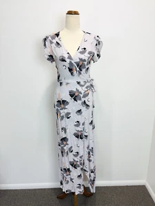 Sunny Girl Womens Wrap Dress 10 M Grey Floral V Neck Short Sleeve Occasion Event - Picture 1 of 13