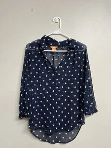 JOE FRESH Women's Sheer Navy Polka dot Extra Small Half Button Down Blouse - Picture 1 of 6