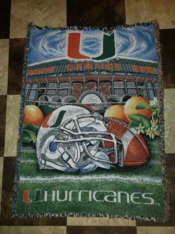 University of Miami Hurricanes Woven Tapestry Throw Blanket  "U"  Football 48x36 Cover