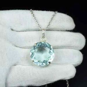 74 CT Aqua Blue Topaz Round Cut Pendant Necklace 925 Sterling Silver Round - Picture 1 of 6