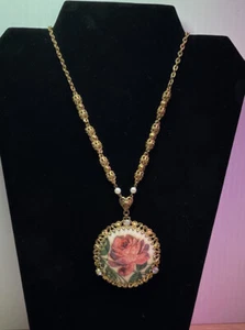 Vintage Signed WEST GERMANY Ornate Round Pink Sugar Rose Faux Pearl Necklace 24” - Picture 1 of 6