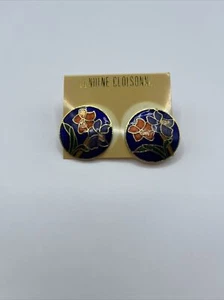 Vintage Cloisonné Enamel Clip-on Earrings - Floral Blue And Red - New Old Stock - Picture 1 of 6