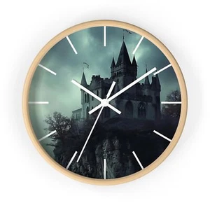 Reloj de Pared Gótico Redondo Negro Castillo Colina Silencioso Reloj Analógico 10" Marco de Madera - Imagen 1 de 4
