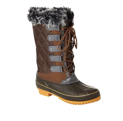 Sporto Women Size 10M Deal Tall Duck Boots Faux Fur Quilted Nylon Choc/Olive - Image 1 of 4