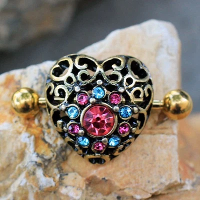 PAIR of Antique Gold Plated Dazzling Heart Dome Shape Nipple Shield - Image 1 of 3