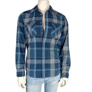 No Boundaries Blue Plaid Long Sleeve Size Medium Collared Front Patch Pockets - Picture 1 of 7