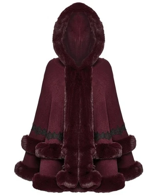 Punk Rave Daily Life Womens Plush Faux Fur Lace Trim Hooded Winter Cloak Red - Image 1 of 4