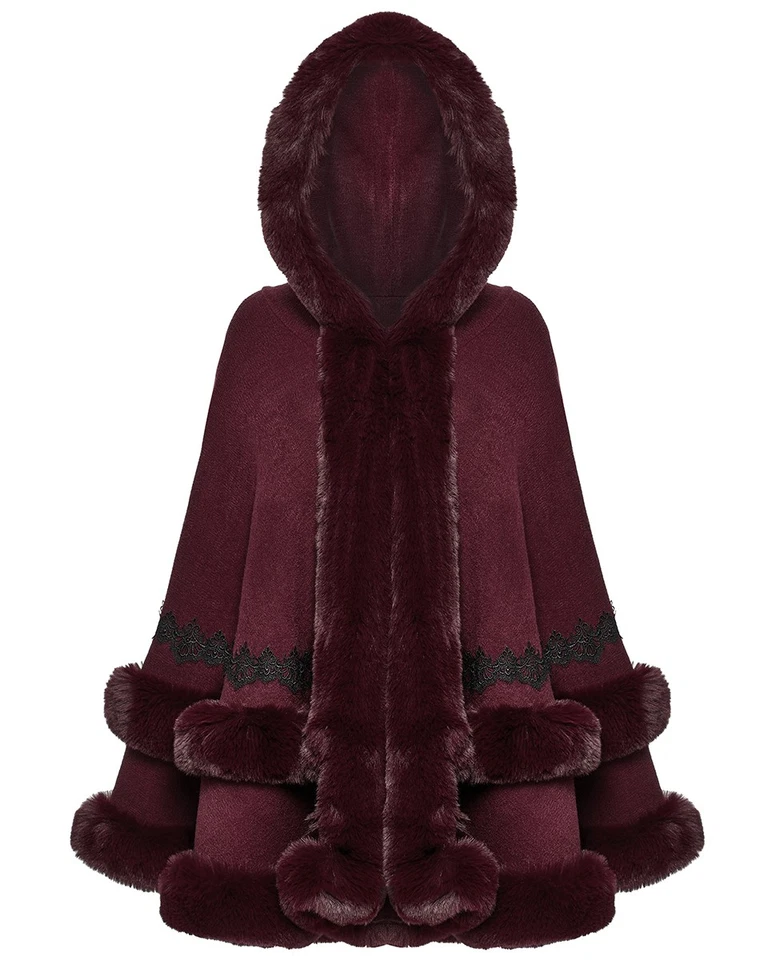 Punk Rave Daily Life Womens Plush Faux Fur Lace Trim Hooded Winter Cloak Red - Image 1 of 4