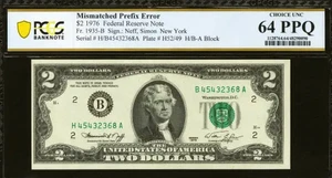 $2 1976 FRN H/B -A MISMATCH PREFIX ERROR on BICENTENNIAL DEUCE PCGS Ch Unc 64PPQ - Picture 1 of 2