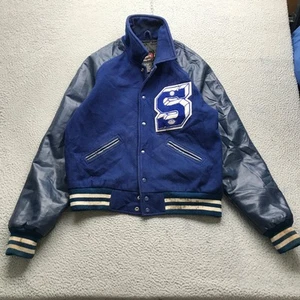Vintage Powers Varsity Wool Blend Letterman Bomber Jacket Men M Blue Black White - Picture 1 of 12
