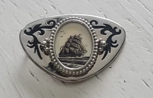 Sailing Ship Belt Buckle Boat Scrimshaw Faux Stone Nautical Silver Black Oval - Picture 1 of 5