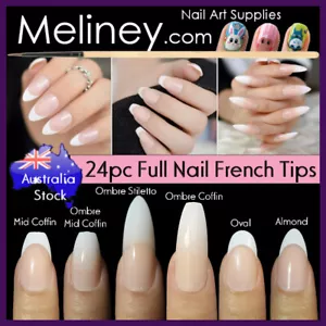 24pc Full Nail Long French Tips Cover Press On Natural Finger False Fake Wedding - Picture 1 of 72