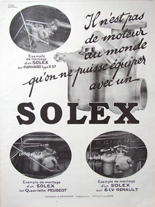 PUBLICITÉ DE PRESSE 1924 SOLEX SUR PANHARD TYPE X37 SUR QUADRILETTE SUR RENAULT - Imagen 1 de 1