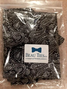 New Beau Ties Handmade Vermont Silver On Black Paisley Silk Ascot Tie 6" W - Picture 1 of 3