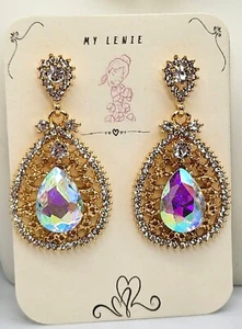 Teardrop Earrings Crystal AB Color Rhinestone on Gold Tone Jewelry 2 In. - Picture 1 of 2