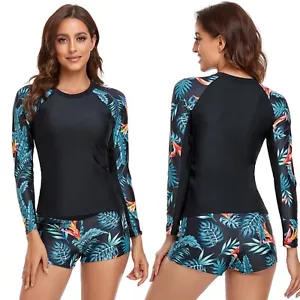 Women Surf Swim Long Sleeve Two Piece Swimsuit Bathing Suit Rash Guard Swimwear - Picture 1 of 7