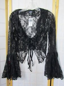 NWT Hot Topic Just Polly NY Sheer Black Lace Bell Sleeve Top Women's Size S