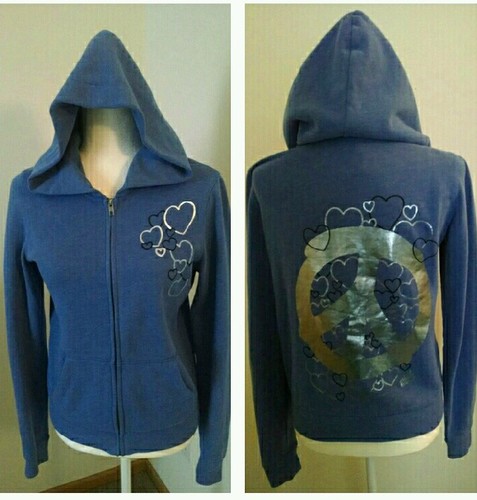 UNDERCOVER Felpa con cappuccio zip intera PINK VICTORIA'S SECRET donna taglia S blu LS cuori segno pace