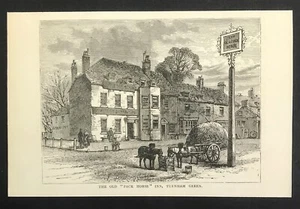 OLD PACK HORSE INN 1878 Turnham Green London wood engraved print History Places - Imagen 1 de 3