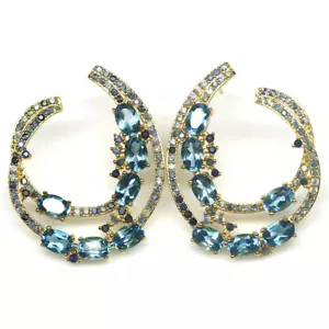 Piedra Preciosa Topacio Azul Suizo & Zafiro Azul Pendientes 925 Plata 18K Oro - Imagen 1 de 4