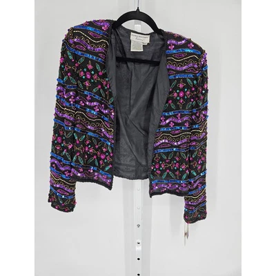 NWT Papell Boutique Evening Silk Beaded Sequin Open-Front Jacket Size PM - Image 1 of 4