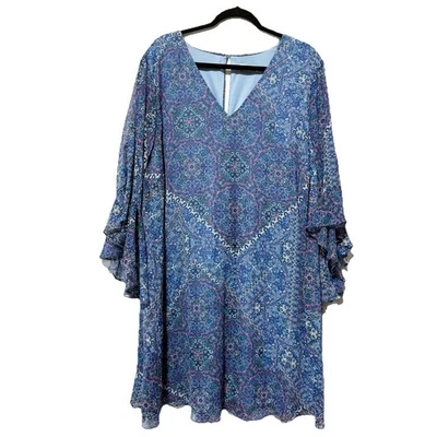 Calvin Klein Women’s 20W Blue Mosaic Print Ruffle Bell Sleeve V-Neck Dress - Image 1 of 4