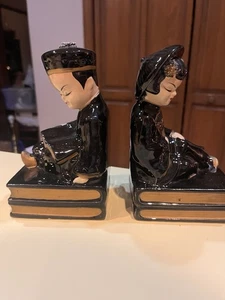 Vintage Asian Couple Bookends, Man Woman Black Gold Books Reading Book End Set - Picture 1 of 15
