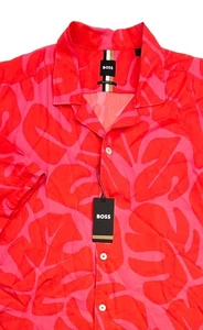 Hugo Boss Drew Short Sleeve Shirt Men's L Relaxed Fit Bright Red Print $178 NWT - Picture 1 of 9