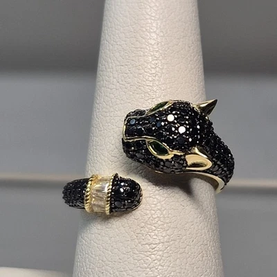 Anillo Pantera Negra Bypass Talla 6, Plata de Ley 925 Piedras Brillantes Tono Dorado Foto 1 de 4