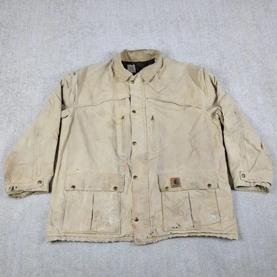 Vintage Carhartt Jacket Mens 2XL Beige Distressed Full Zip Wool Lined 80s USA - Image 1 of 4