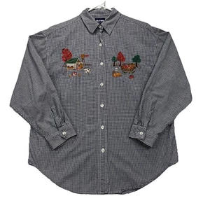 Damen Shirt L Knopfleiste Stickerei Bauernhof Tiere Herbst Scheune Hausarbeit Landhaus Kern - Bild 1 von 13