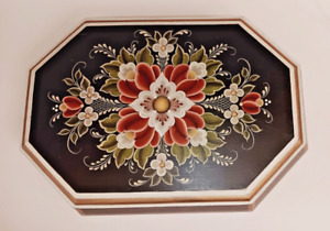 Vintage  Folk Art Tole Hand Painted  Wooden Box Black with Floral Design, Signed