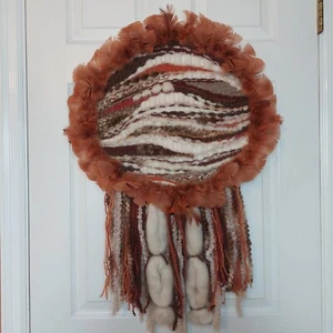 Handmade Native American Woven Wall Hanging Dream Catcher Hoop Fur Feathers Wool - Picture 1 of 17