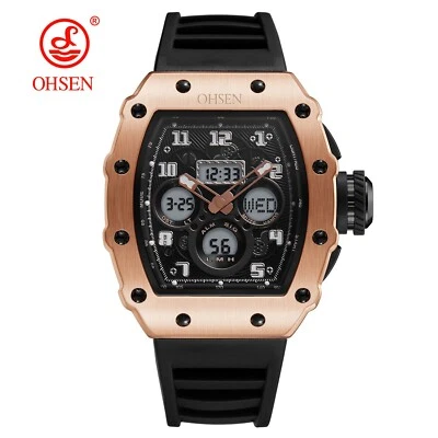 Men's Rose Gold Tonneau Wrist Watch Sports Waterproof Analog Digital Dual Watch - Image 1 of 4
