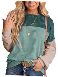 Womens Fashion 2024 Color Block Long Sleeve Crewneck Small A-blue Green - Picture 1 of 7