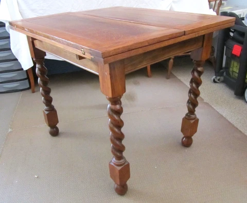 Antique English Oak Barley Twist Pub Table, Plank Top, Fold Over Leaves, Sturdy Cover